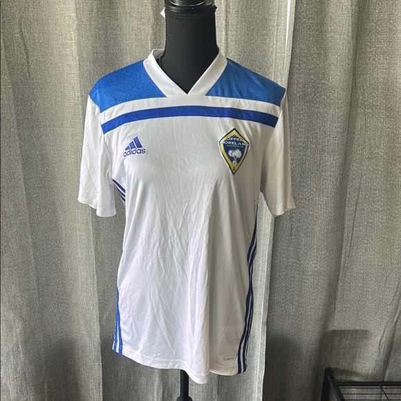 Adidas White and Blue Soccer Jersey V-Neck Performance - Picture 1 of 6